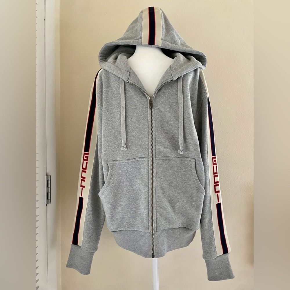 GUCCI Logo Stripe Sweatshirt Track Zip Jacket Hoodie Grey S